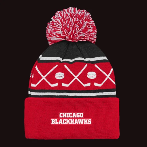 Faceoff Cuff Knit Beanie with pom Blackhawks - 24/25, fanipipo, unisex - NHL-Tuotteet - Faceoff Cuff Knit Beanie with pom Blackhawks - 24/25, fanipipo, unisex